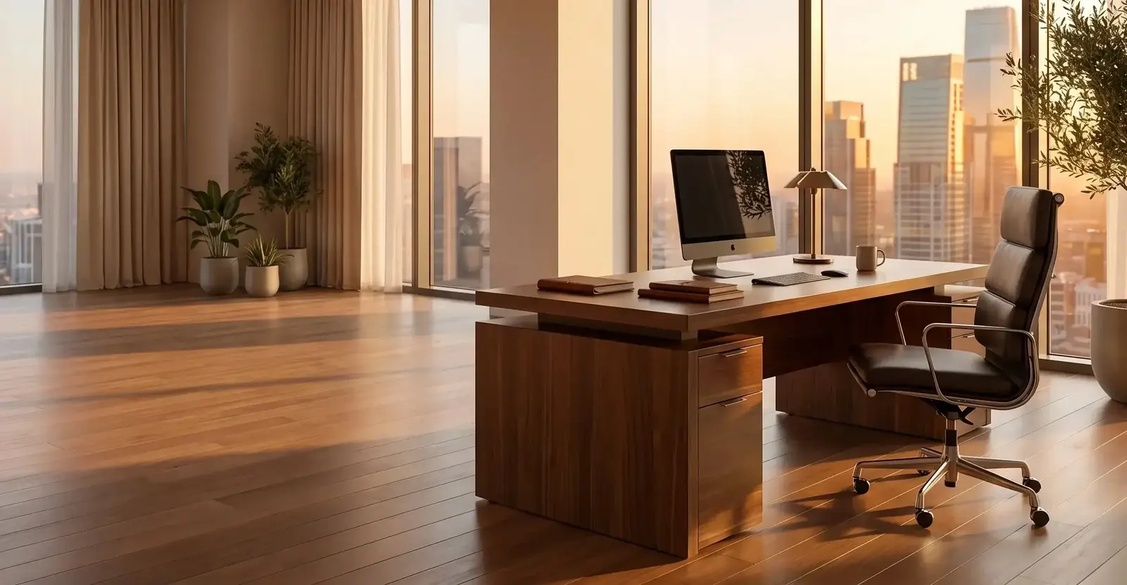 Executive desk and chair in a sunlit corner office