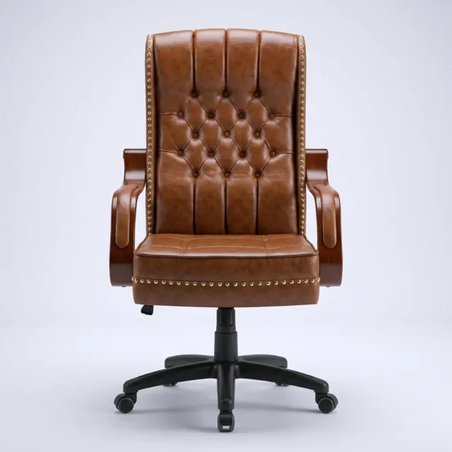 Tan leather executive chair with diamond stitching and stud trim – SitWise Pakistan