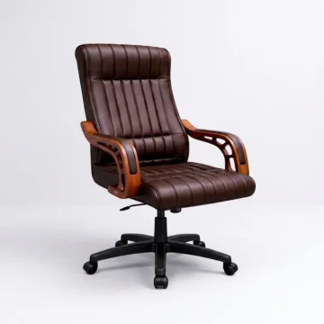 Dark Brown Ribbed Leather Executive Office Chair with Wooden Armrests