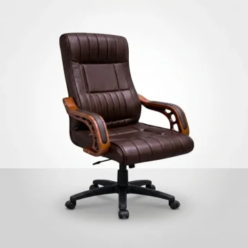 Brown Leather Executive Office Chair with Wooden Armrests