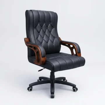 Black Tufted Leather Executive Office Chair with Wooden Armrests