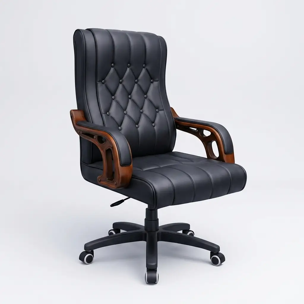 Black tufted leather executive office chair with wooden armrests – SitWise Pakistan